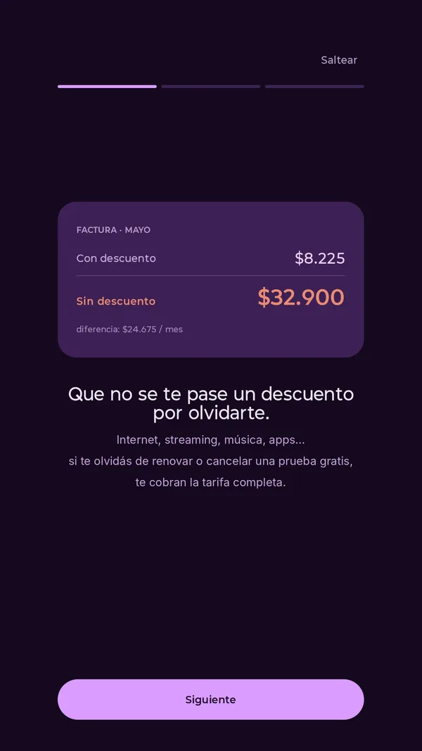 Bienvenida de Descontame: una factura de $8.225 con descuento y de $32.900 sin descuento