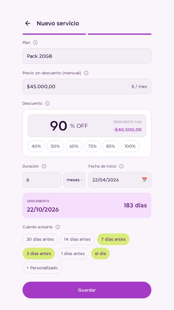 Formulario de Descontame en modo claro con los avisos 7 y 3 días antes y el día del vencimiento