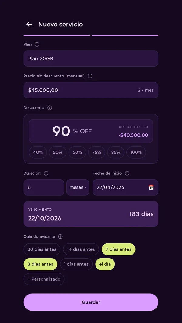 Formulario de Descontame: plan de $45.000 por mes con 90% de descuento por 6 meses, que vence el 22/10/2026, con avisos 7 y 3 días antes y el día del vencimiento