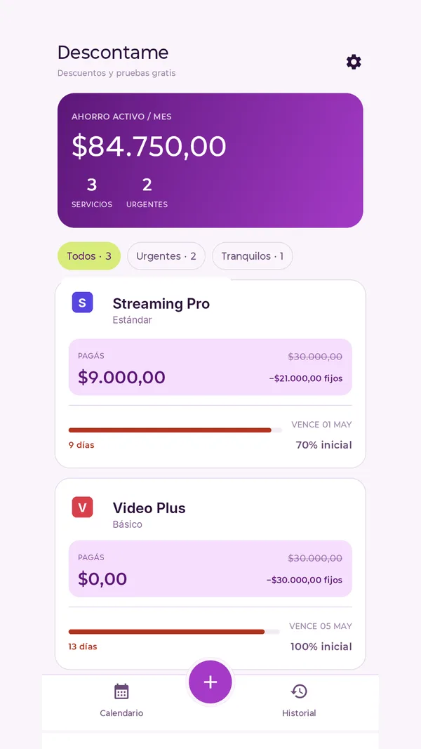 Inicio de Descontame en modo claro: ahorro activo de $84.750 por mes y filtros de urgentes y tranquilos