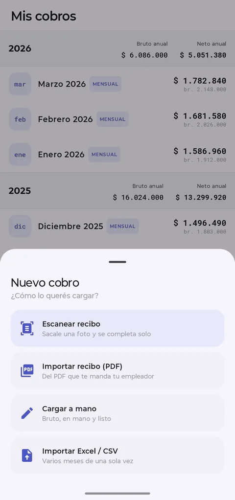 Nuevo cobro en MiSueldo: escanear recibo, importar PDF, cargar a mano o importar Excel