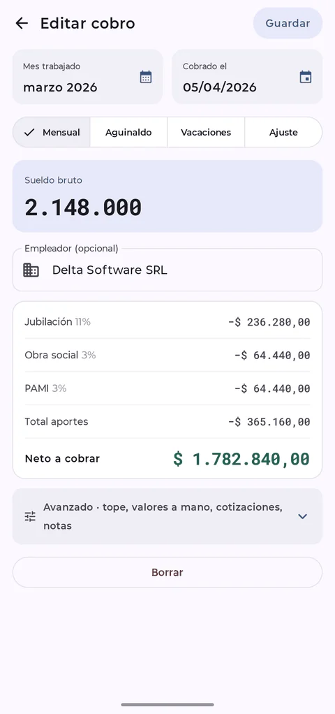 Carga de un cobro en MiSueldo con aportes y neto calculados